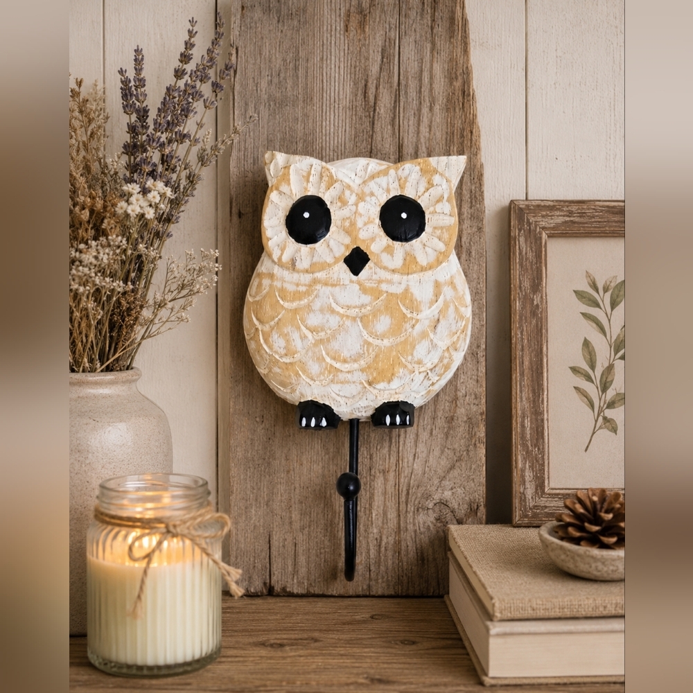 Rustic Owl Wall Hook Beige White Shabby Chik Farmhouse Entryway Kitchen Decor